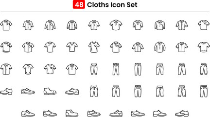 Fashion and apparel icons in a neat line style. Includes shirt, dress, pants, shoes. Perfect for clothing stores and fashion apps. 