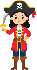 A cartoon girl pirate, dressed in a red coat and navy blue pants, holding a sword.
