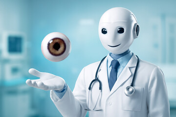 AI generated humanoid robot doctor in a futuristic examination room with a human eye floating above its hand. The robot invites with a friendly gesture against a clean medical background.