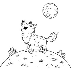 A majestic wolf stands on a grassy hill, howling at a cratered moon in a dramatic nighttime scene illustrated in black-and-white line art.