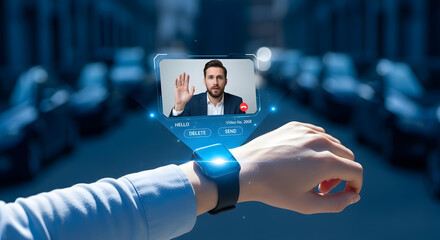 Hand with smartwatch displaying holographic video call of a man waving, symbolizing futuristic communication technology
