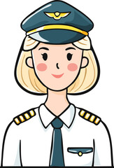 Cartoon illustration of a female pilot in uniform, wearing a hat and tie, smiling.