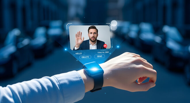 Hand with smartwatch displaying holographic video call of a man waving, symbolizing futuristic communication technology