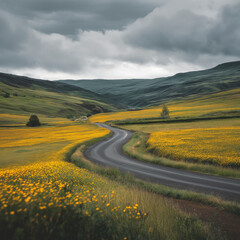 Winding countryside road between yellow flower fields under cloudy sky, road