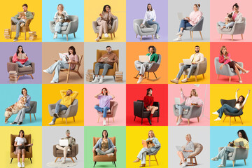 Obraz premium Collage of different people sitting on comfortable armchairs on color background