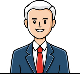 Cartoon illustration of a smiling, well-dressed businessman with white hair.