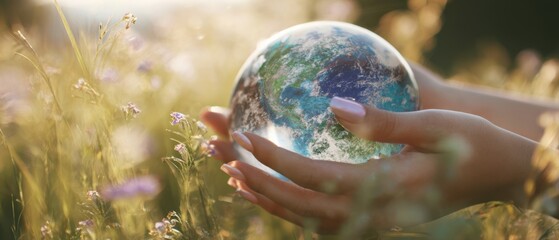 The hands gently holding the Earth globe amidst blooming flowers in nature
