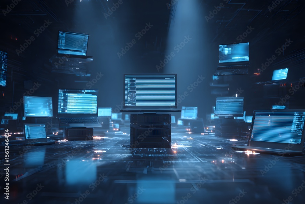 Aufkleber a futuristic, digital dark blue background with multiple laptops and computers connected to a centra