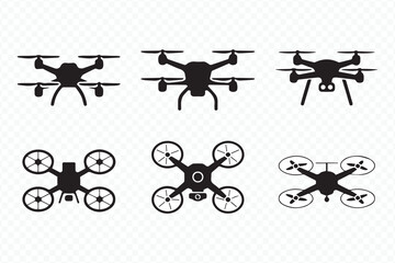 minimal flat drone vector collection with six silhouette icons of quadcopters in top, side, and front views for designers