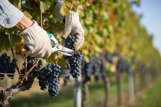 Harvesting grapes at a vineyard worker cutting grapes with pruning shears