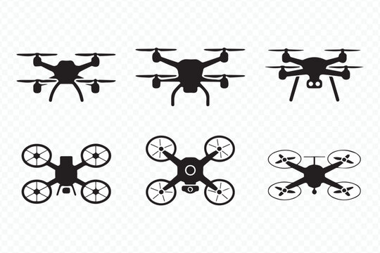 minimal flat drone vector collection with six silhouette icons of quadcopters in top, side, and front views for designers