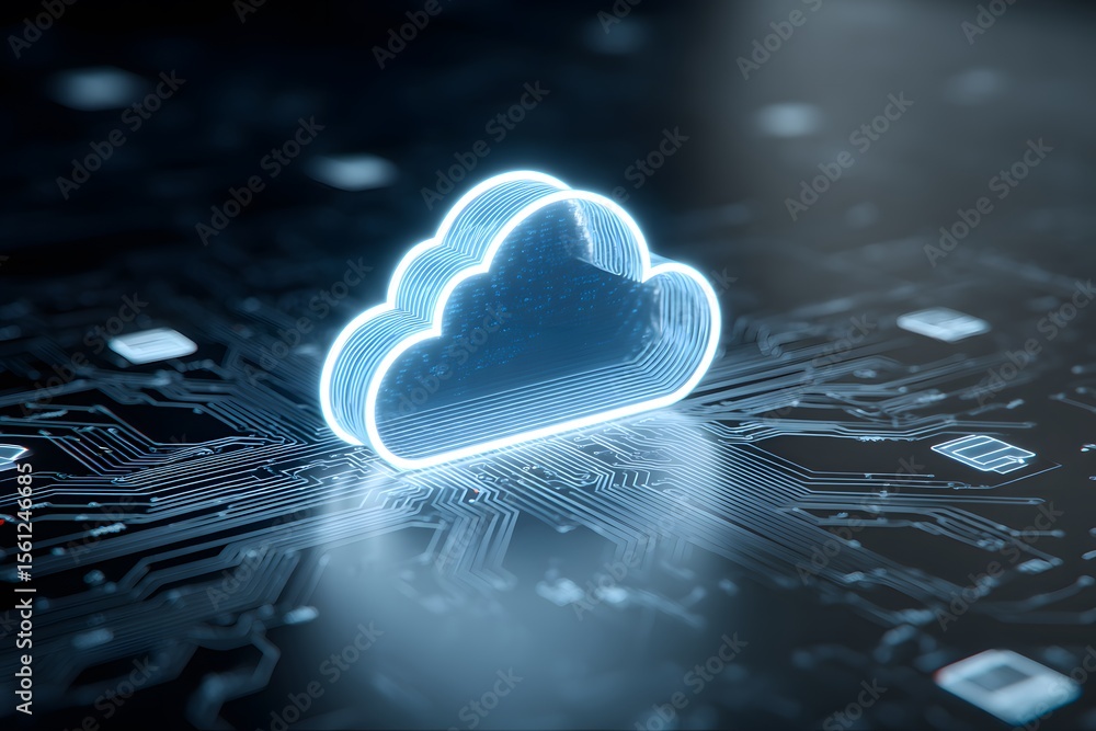 Aufkleber a glowing blue cloud icon surrounded by circuit patterns, symbolizing the interconnected nature of c