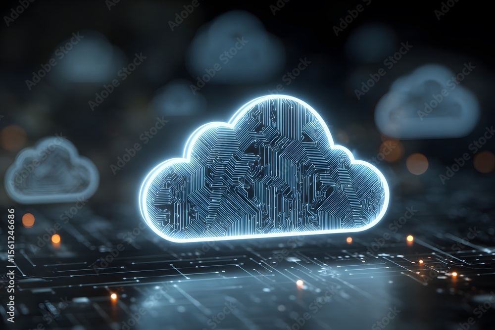 Aufkleber a glowing blue cloud icon surrounded by circuit patterns, symbolizing the interconnected nature of c