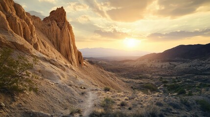 Fototapeta premium Golden sunset over rocky desert cliffs and vast dry valley with scenic view of hills and soft evening light