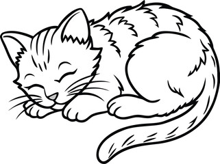 Sleeping American Curl Cat Vector Illustration in Minimal Line Art Style, American Curl Sleeping Vector, Cute Cat Nap Drawing, Fluffy Pet Line Art