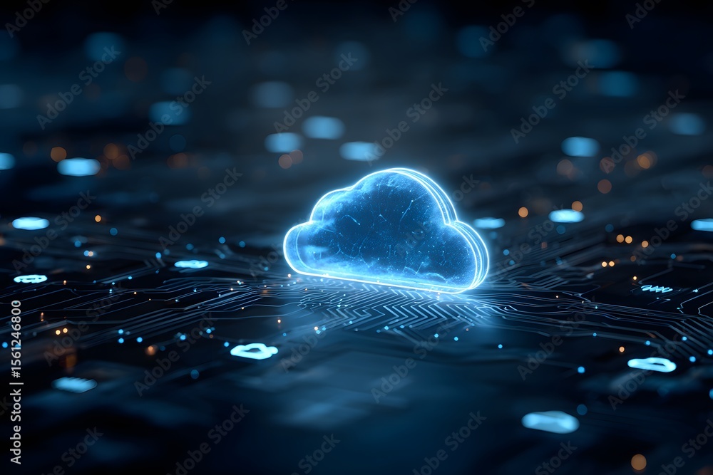 Aufkleber a glowing blue cloud icon surrounded by circuit patterns, symbolizing the interconnected nature of c