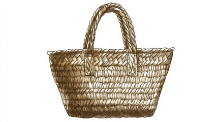 Obraz premium Wicker basket with short rope handles drawn in retro sketch style on white background for market or picnic use