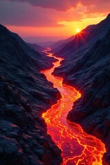 Fototapeta premium Intensely Glowing Molten Lava Flowing Down Volcanic Slope on a Summer Day, Heat Shimmering in the Air - Dramatic Nature Photography