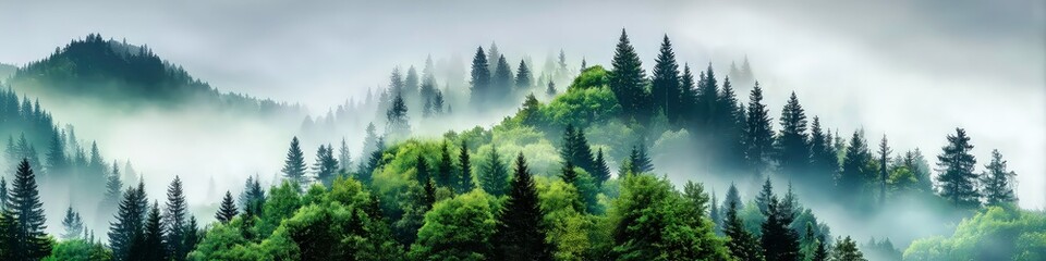 Fototapeta premium Misty mountain forest landscape with sun rays through fog and layered evergreen trees in peaceful sunrise atmosphere of natural wilderness