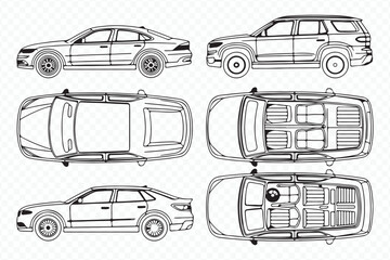 editable vector schematic of sedan and suv showing cabin layout and exterior profiles in side and top views