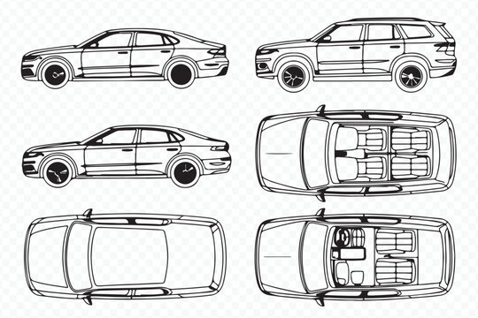 precise vector car illustration featuring sedan and suv side and top perspectives with interior details