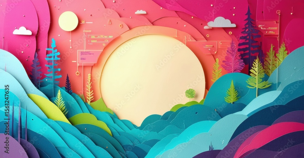Poster papercraft landscape. vibrant colors create stylized forest scene. hills, trees, sun dominate compos