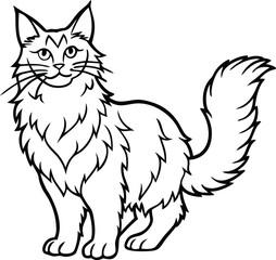 Maine Coon Cat Vector Illustration Isolated on White Background in Majestic Line Art Style, Maine Coon Vector Isolated, Fluffy Cat Drawing White Background, Majestic Pet Illustration