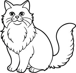 Persian Cat Vector Illustration Isolated on White Background in Elegant Fluffy Line Art Style