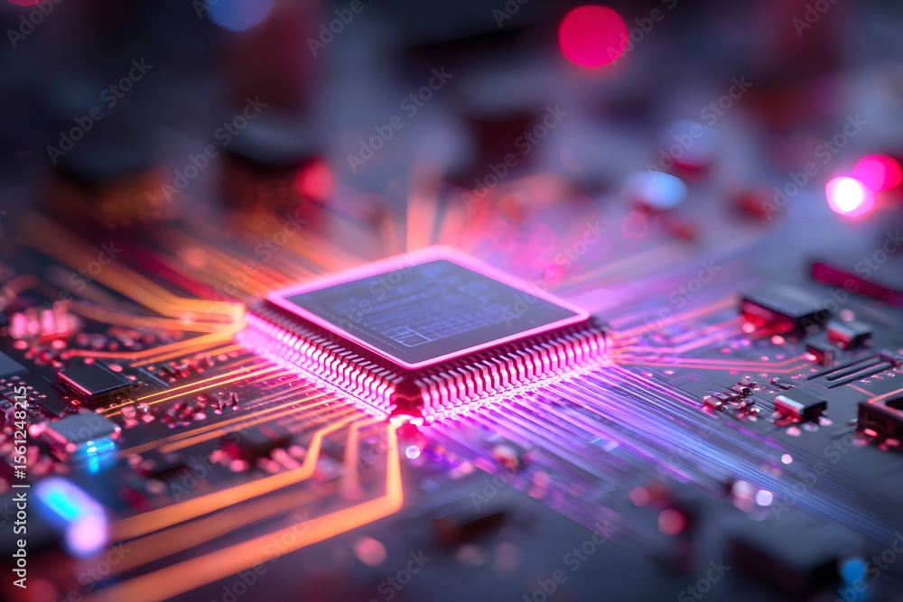 Poster a high-tech circuit board with glowing neon lights, featuring an advanced microchip in the center of