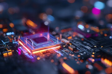 
A high-tech circuit board with glowing neon lights, featuring an advanced microchip in the center of it.
