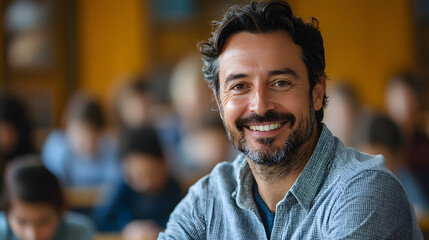 Fototapeta premium Portrait of smiling male teacher in a class at elementary school looking at camera with learning students on background
