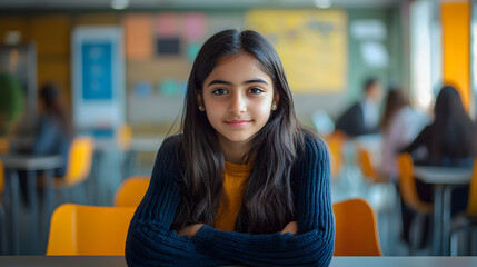 Portrait photo of a 11 year old indian girl in a modern classroom sitting at a school table
