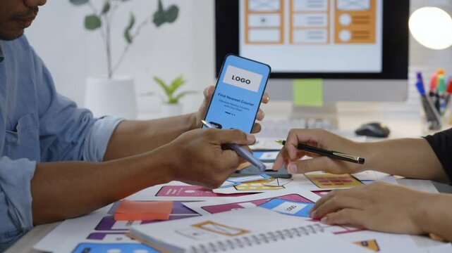 Professional programmers collaborating and testing mobile application design, analyzing user interface and workflow during innovative project planning meeting