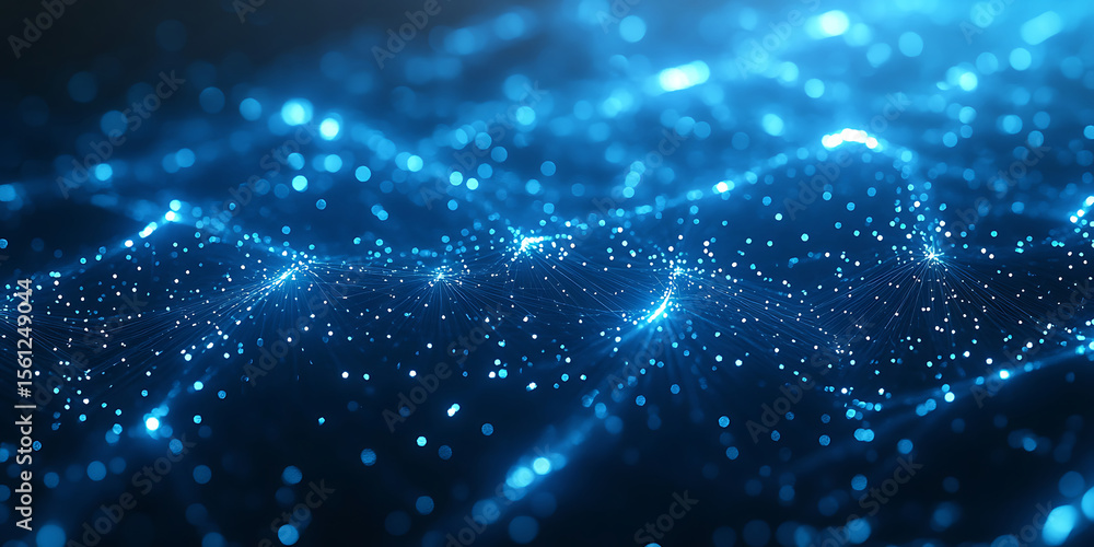 Poster Abstract futuristic network connection blue glowing particles data transfer backdrop visualization represents modern technology artificial intelligence and big data