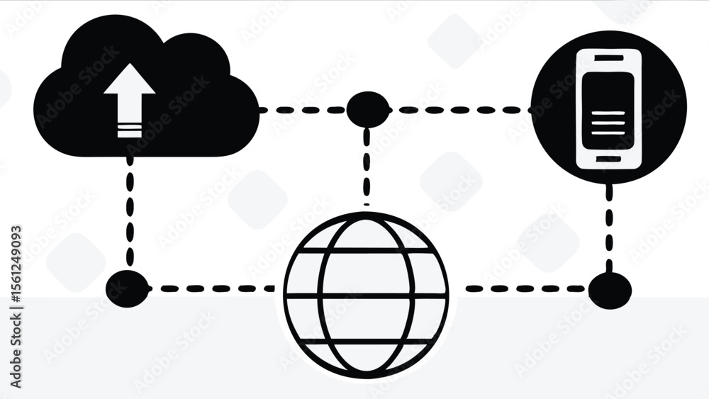 Poster cloud upload connected to globe and smartphone with dotted lines in a network style design