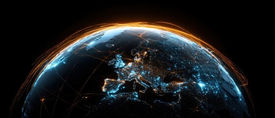 The globe illuminated by connections and networks across Europe at night.