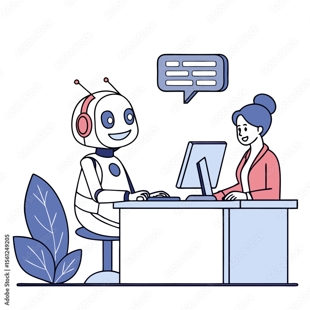 Poster Illustration of a robot and a woman working at desks with computers and a speech bubble above them