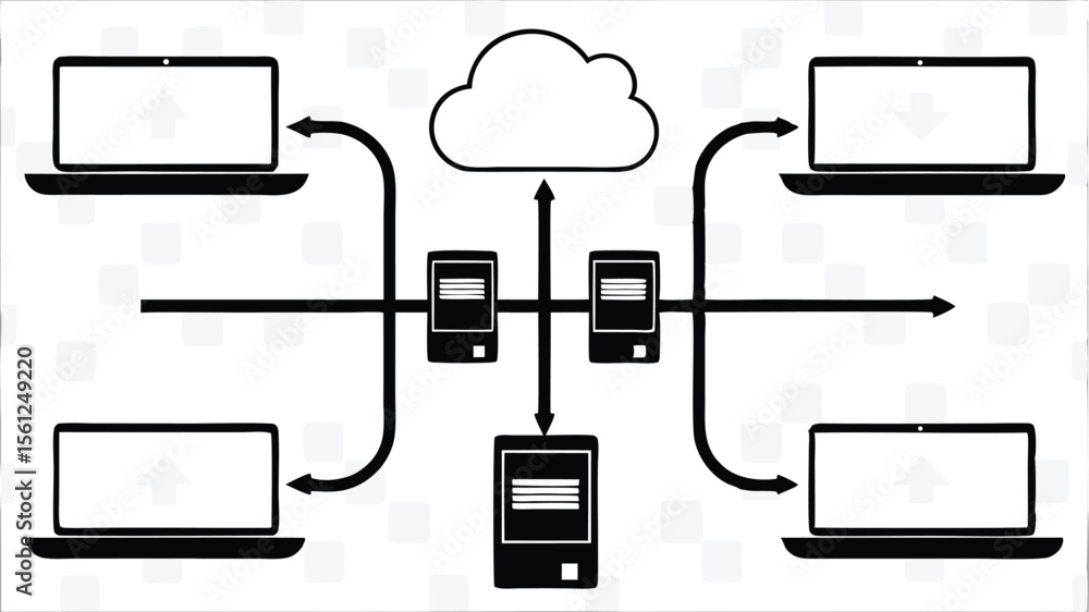 Poster depiction of a cloud network with devices connected to a central server and cloud storage system