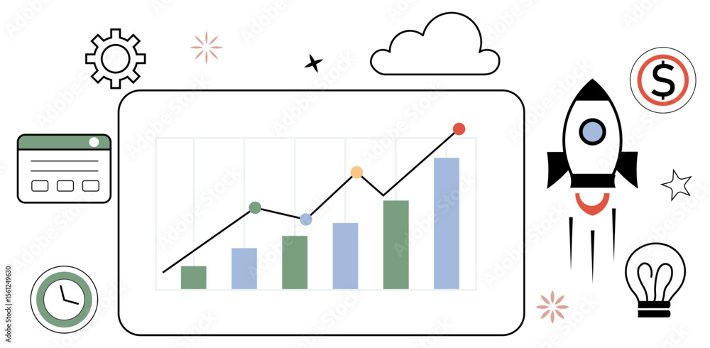 Poster flat vector of rocket launch growth chart showing monthly user or revenue increase with startup icon