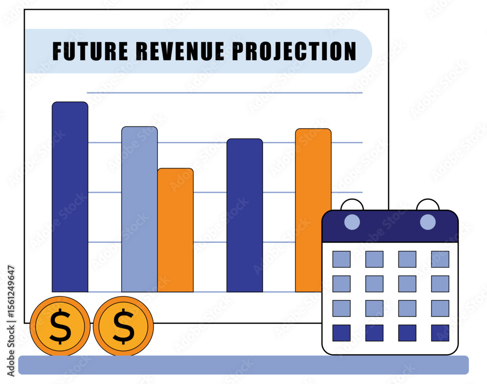 Poster bar graph displaying future revenue projections with calendar and coin icons in a clean minimal flat