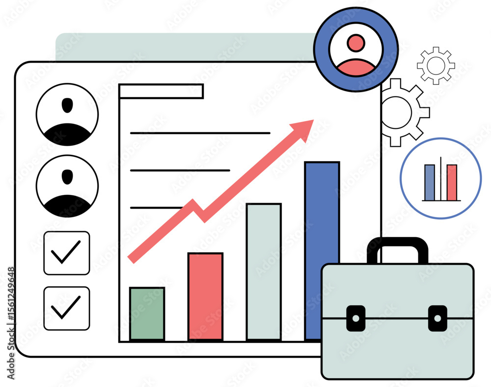 Poster line graph displaying rising team productivity with people icons, briefcase, and task checkmarks in 