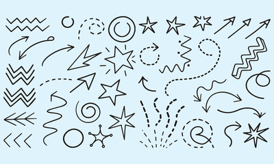 Collection hand drawn arrows. Set simple arrows isolated on white background. Arrow mark icons