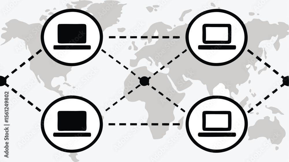 Poster global network connecting laptops across the world map with dotted lines and central connection poin