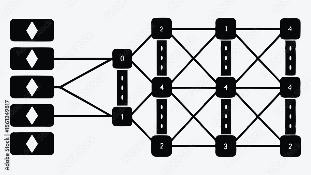 Poster black network diagram showing connections between nodes with diamond and numerical labels in a grid