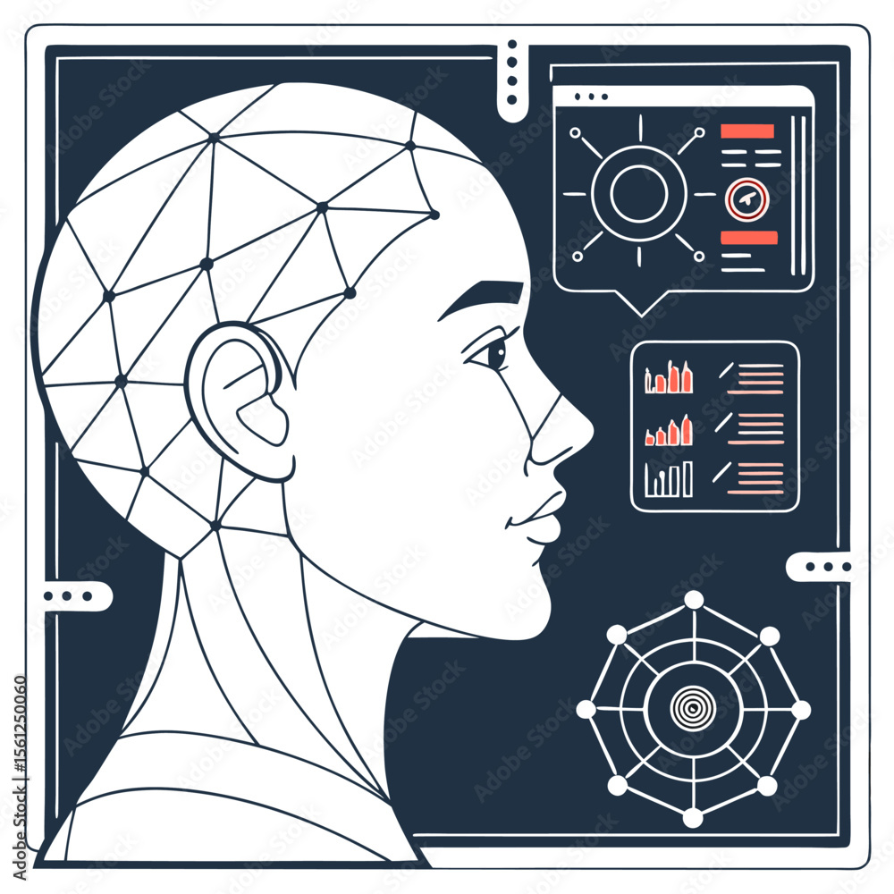 Poster illustration of a woman's head with a geometric pattern and data visualizations on a dark background