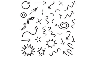 Collection hand drawn arrows. Set simple arrows isolated on white background. Arrow mark icons