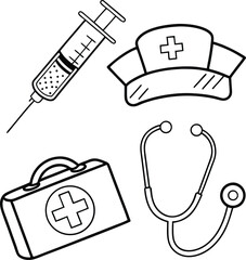 "Hand Drawn Medical Icon Set – Syringe, Nurse Hat, Stethoscope, and First Aid Box"