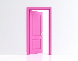 A vibrant pink door stands ajar in a clean, minimalist white room with a reflective floor, revealing a bright white space beyond. This image evokes concepts of opportunity, new beginnings, or a fresh 