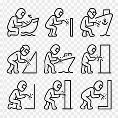Ship Welder in Action Icons Set: Shipbuilding, Maritime & Offshore Welding