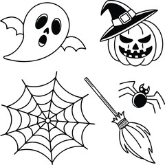 “Cute Halloween Doodle Icons Featuring Ghost, Pumpkin, Spider Web, Witch Hat and Broom”